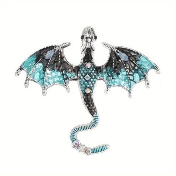 Dragon Brooch Pin Enamel Magical Rhinestones Large Flying Trendy Stylish Wyvern - Picture 1 of 2